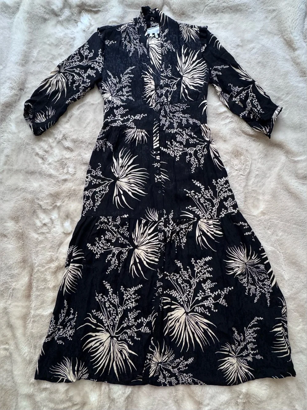 ba&sh Eleanor Robe Black and Cream Floral Button Midi Dress
